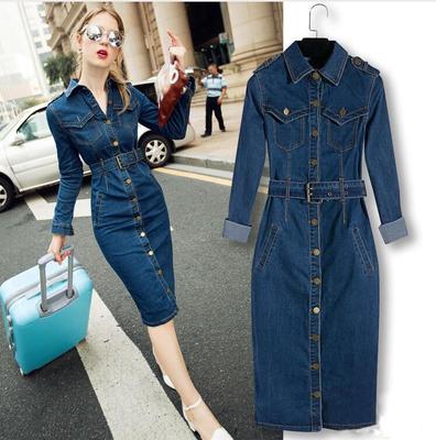 Women's Fitted Denim Shirt Dress with Belt Long Sleeve Button Front Midi Dress