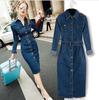 Women's Fitted Denim Shirt Dress with Belt Long Sleeve Button Front Midi Dress