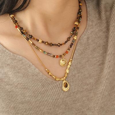 Vintage Maillard Rüzgar Doğal Taş El Yapımı Boncuklu Kolye Tasarımı Güneş Kolye Mizaç Köprücük Kemiği Zinciri