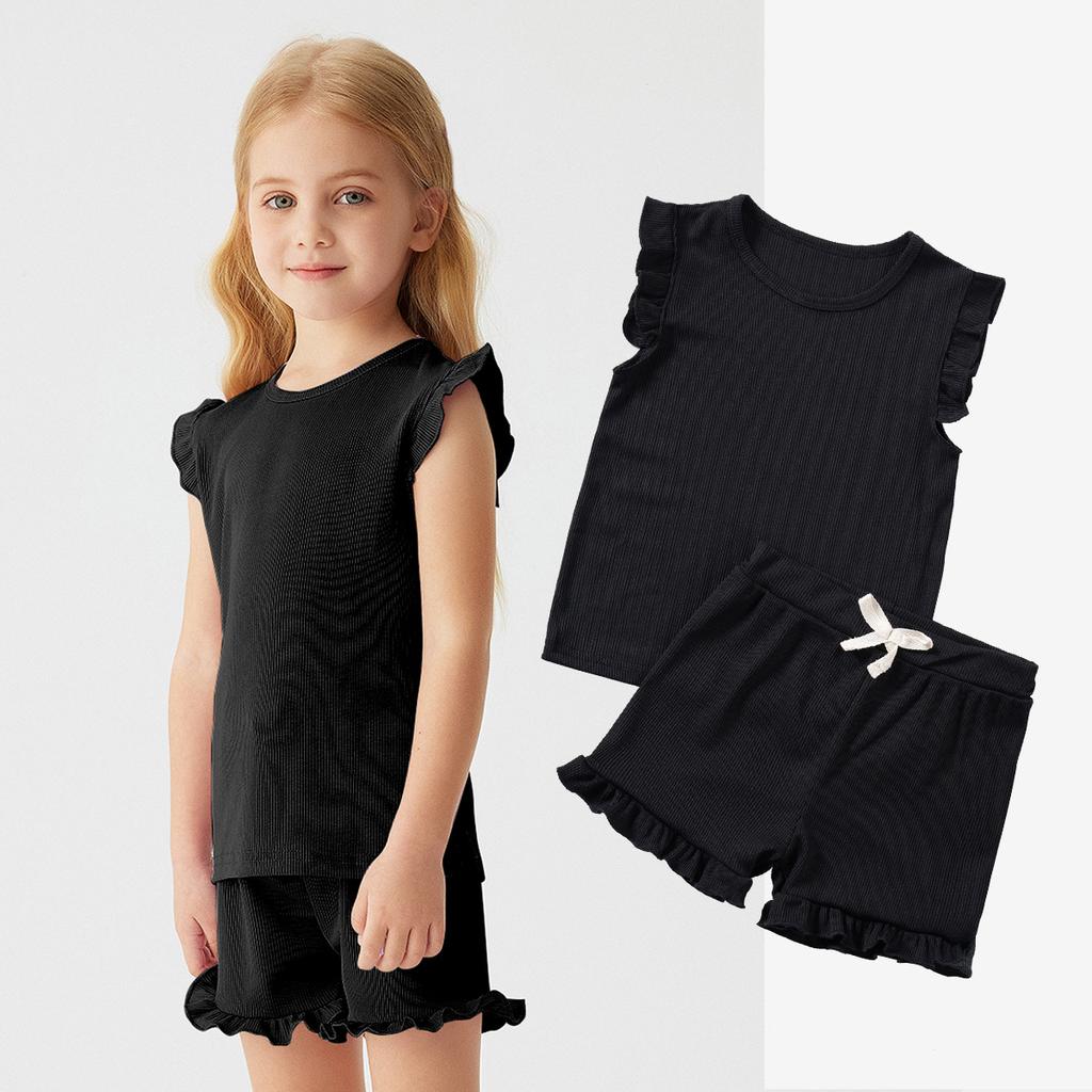 Girls' Solid Color Short Sleeve Shorts Set 2025 Summer Children's Fashion Set