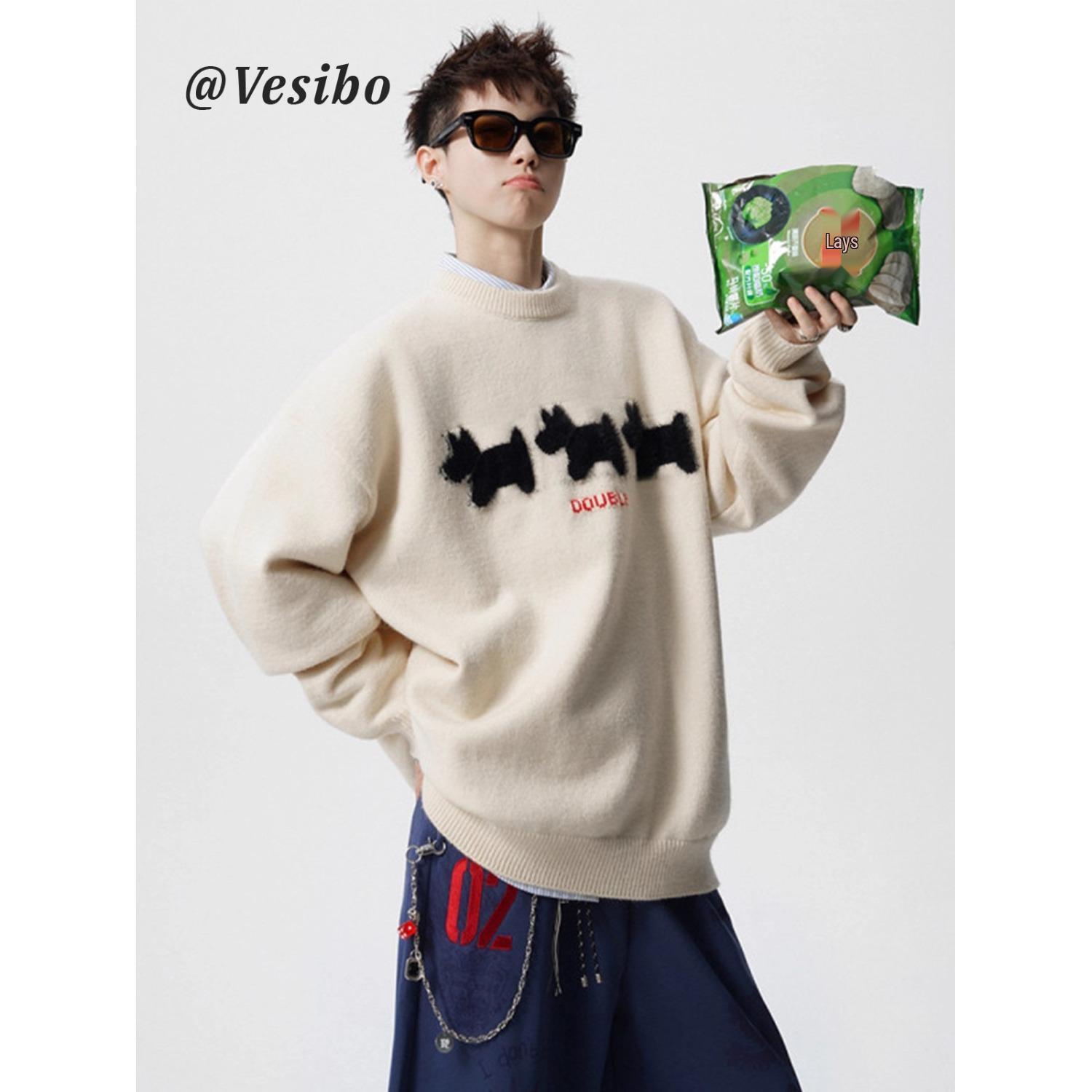 Men s Autumn/Winter Flocked Cartoon Sweater - Casual Round Neck Knit Pullover M грязно-белый
