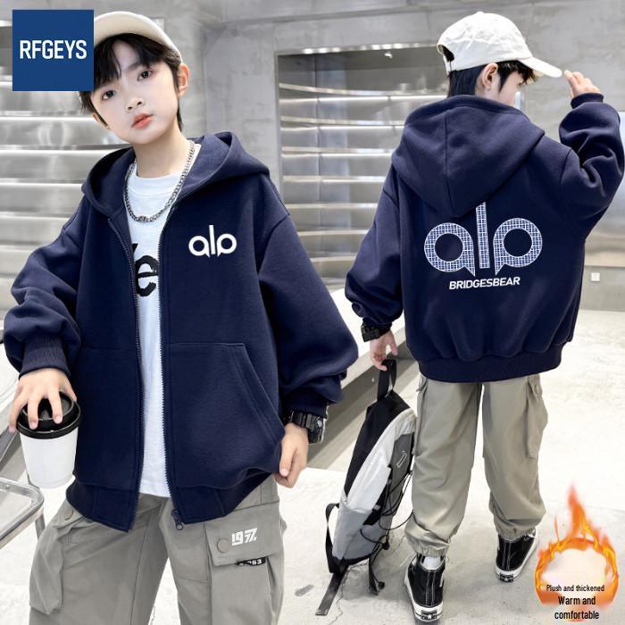 2025 Boys' Fleece-Lined Hooded Sweatshirt: Stylish, Fashionable Autumn/Winter Zip-Up Jacket for Kids