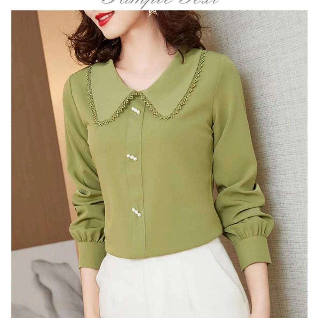 Blå Skjorta Chiffong Dockkrage Topp Långärmad Vår och Höst Dam Skjorta