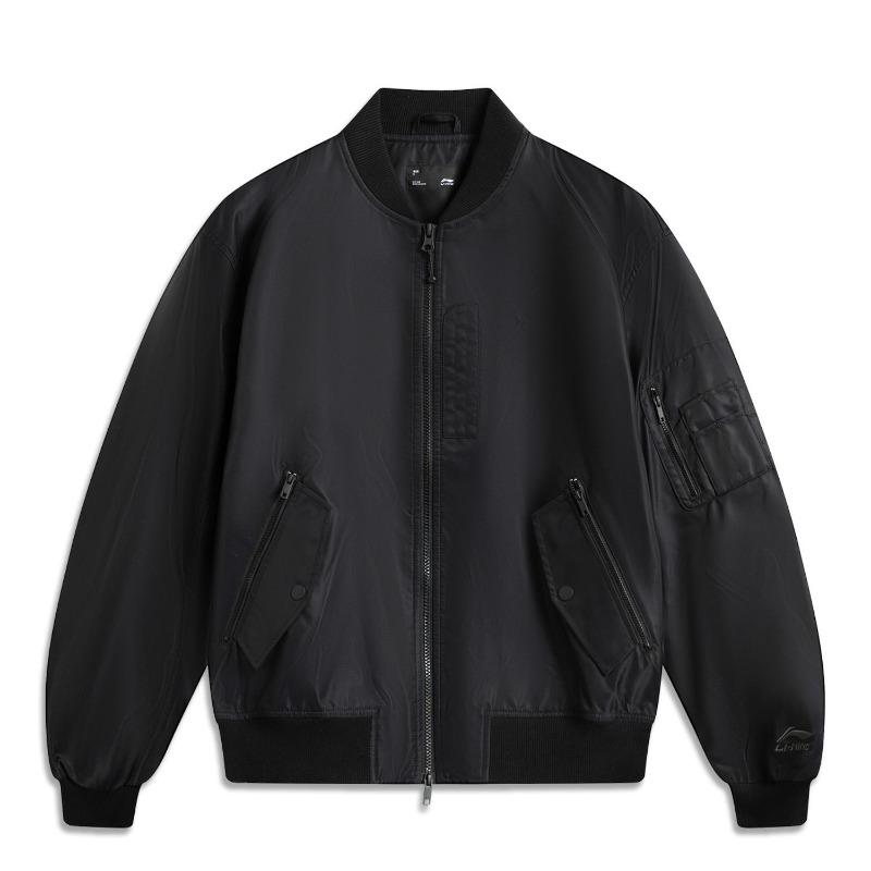 Li Ning Sports Lifestyle Series Casual American Vintage Minimalist Trendy Solid Color Baseball Collar Spliced Jacket Unisex Jacket Black AJDV081-4