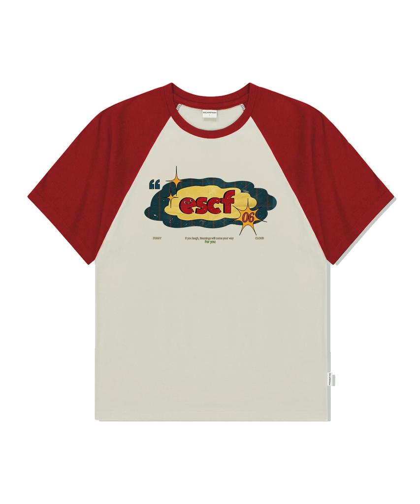 ESCAPEFROM Mini Vintage Cloud Print Raglan Color Block Short Sleeve Tee Red