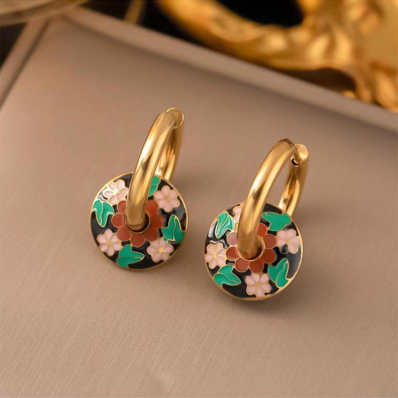 Necklace Earrings Set Stylish Vintage Painted Daisy Pattern Circle Stylish Female Titanium Steel