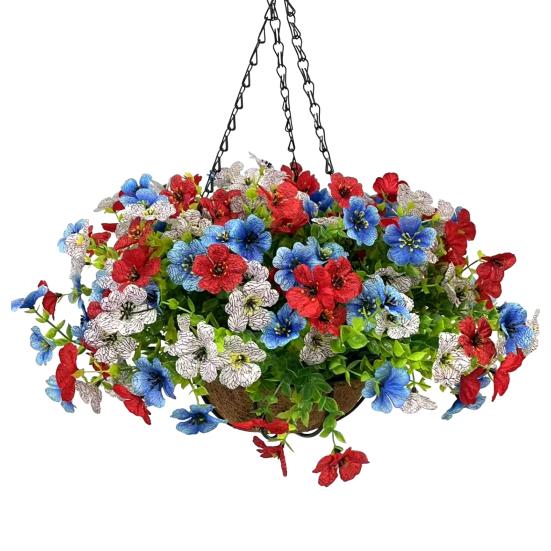 Artificial Hanging Flower with Basket for Outdoors  4th of July Patriotic Faux Violet Flowers