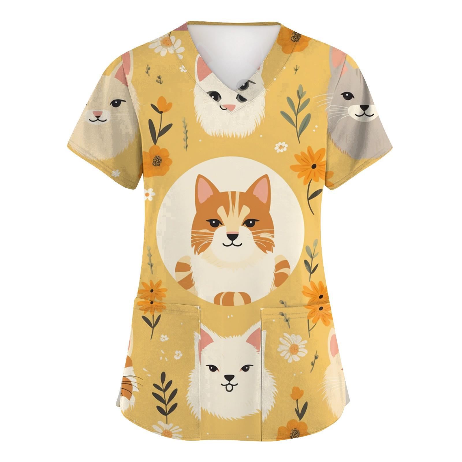 

Женская мода с коротким рукавом, симпатичным принтом животных, V-образным вырезом, карманом, рабочая одежда, топы XL жёлтый