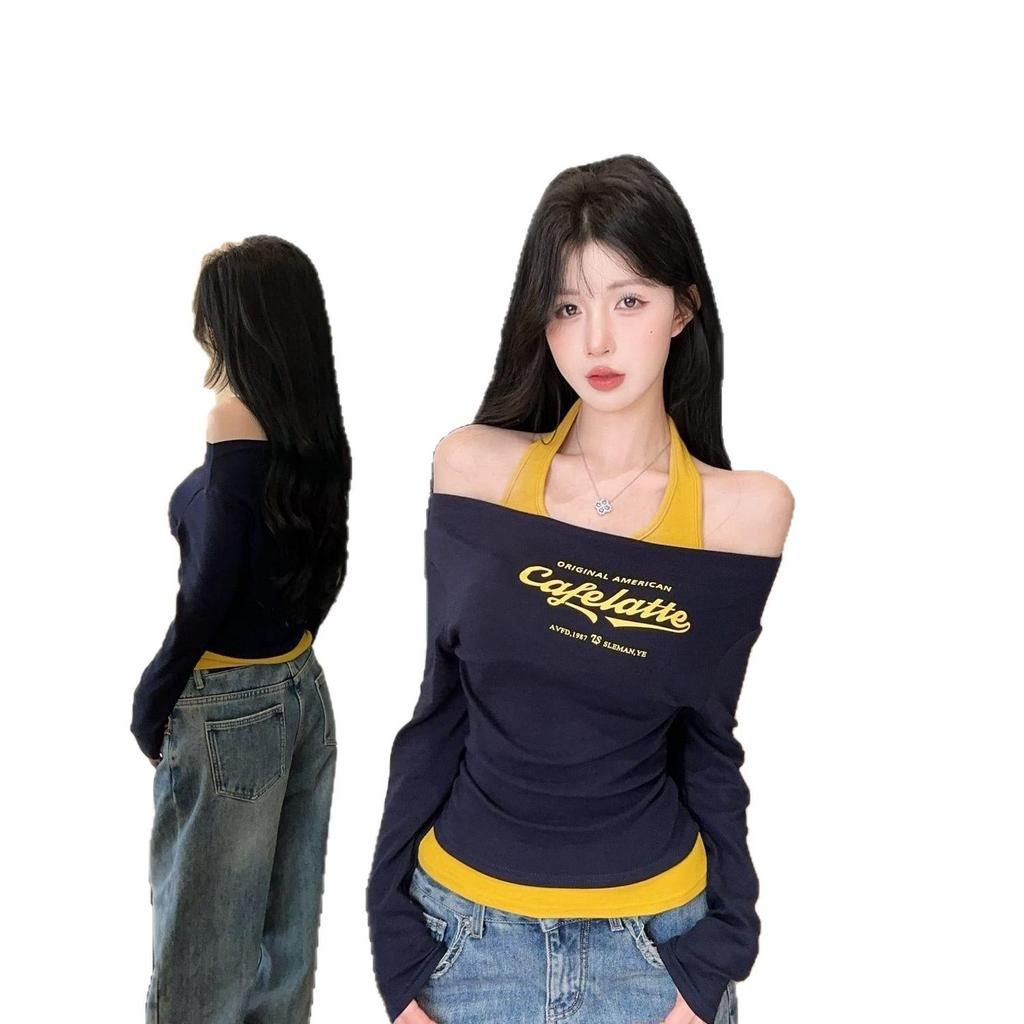 Fake Two-Piece Halter Neck Letter Print Long Sleeve T-Shirt for Women - 2025 Spring/Autumn Pure Desire Fashion Hot Girl Base Layer Top