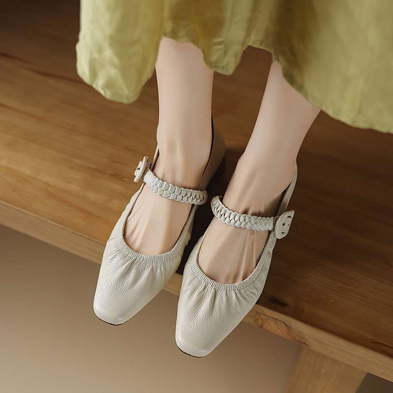 Krazing Pot Sheep Skin Summer Spring Autumn Med Heels Buckle Straps Women Square Toe Shallow Pumps