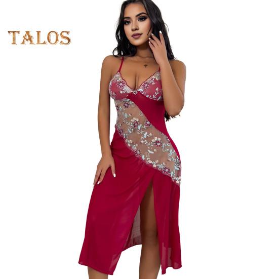 

Женская летняя ночная рубашка с регулируемыми бретельками-спагетти, открытой спиной, цветочной вышивкой, глубоким V-образным вырезом, без рукавов, кружевной отделкой, разрезом по низу, ночная рубашка для спальни S красный