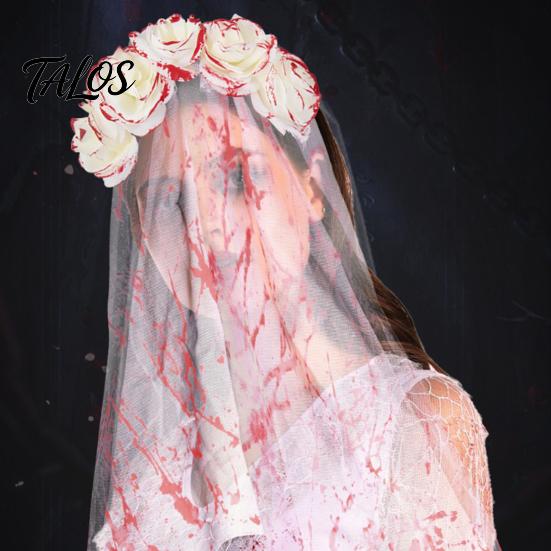 Tiara Cabeça de Rosa Talos, Véu Manchadode Sangue para Noiva Zumbi de Halloween, Aro de Cabelo de Malha Respirável com Design de Peça Única para Cosplay Temático de Casa Assombrada