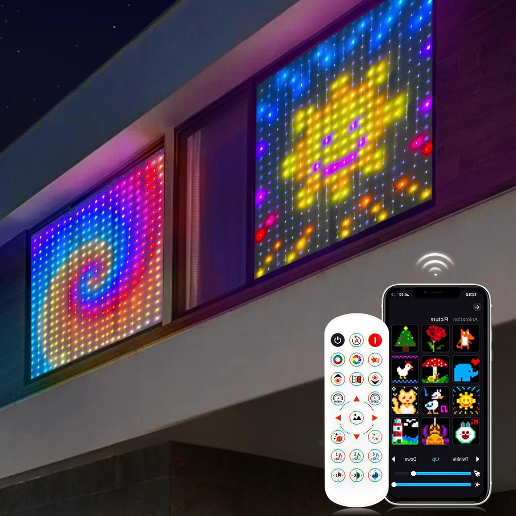 Luces LED RGB Inteligentes de Cortina con Música, Controles por Aplicación y Mando a Distancia, Luces LED para Fiesta para Boda/Día de San Valentín/Cumpleaños