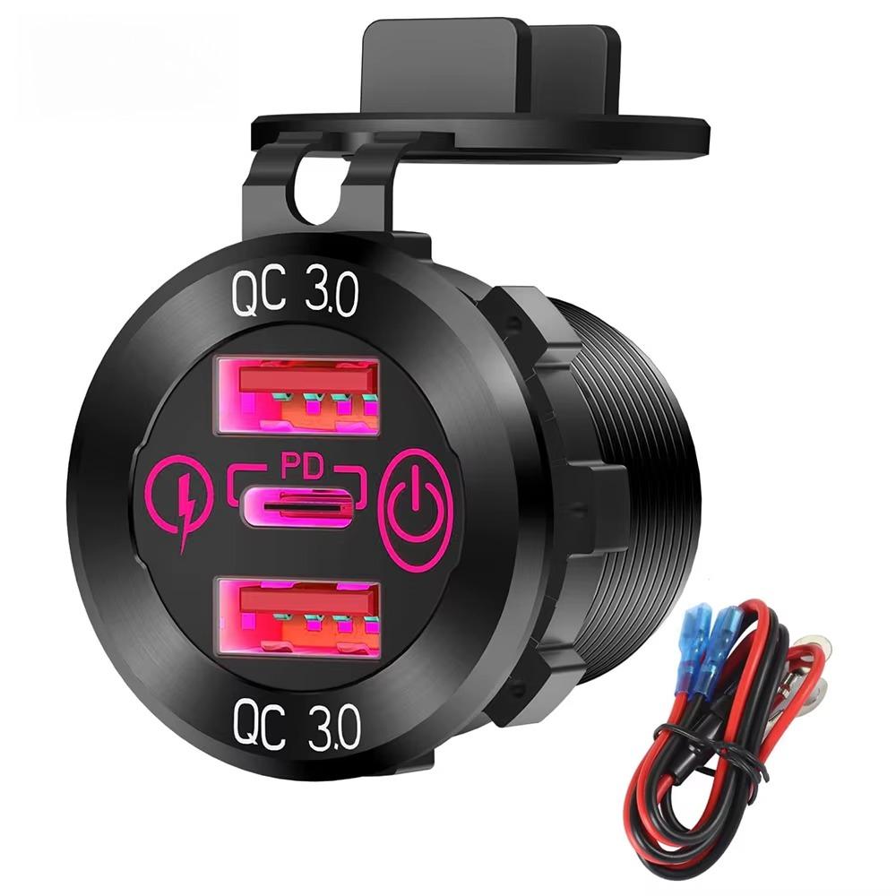 Car USB Charger Socket Metal 60W Cars Accessories 12/24V USB Outlet PD USB-C & Two QC3.0 Ports Touch Switch for Boat Marine