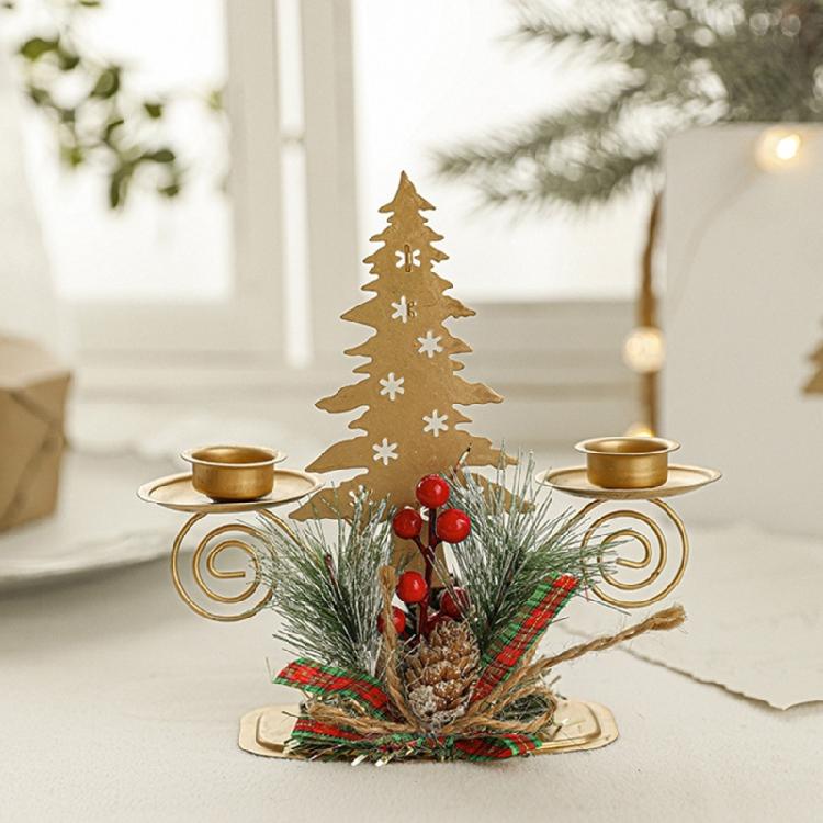 Gold Iron Double Candlestick Home Decors for Holiday Christmas Metal Candle Holders Stand with Pinecones and Berries