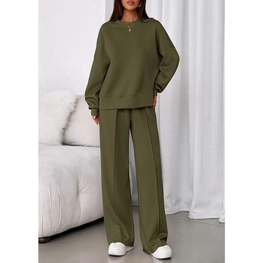 Women's Crew Neck Long Sleeve Loose Fit Sweatshirt and Elastic Waist Wide Leg Pants Two Piece Tracksuit