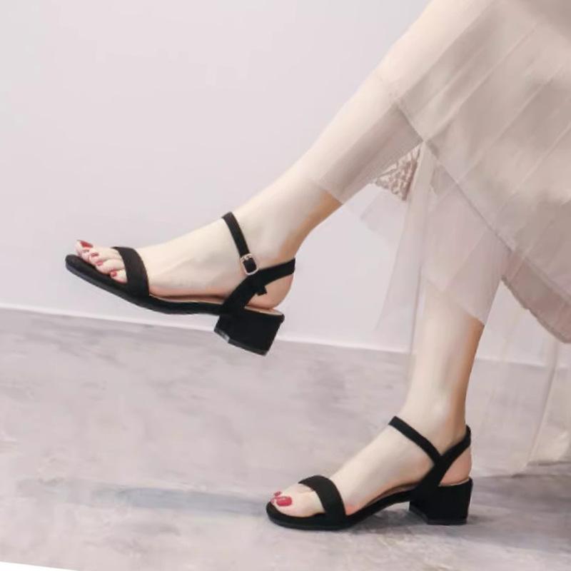 Sandals women's summer 2025 new versatile medium heel thick heel with high heels black soft sole work large size