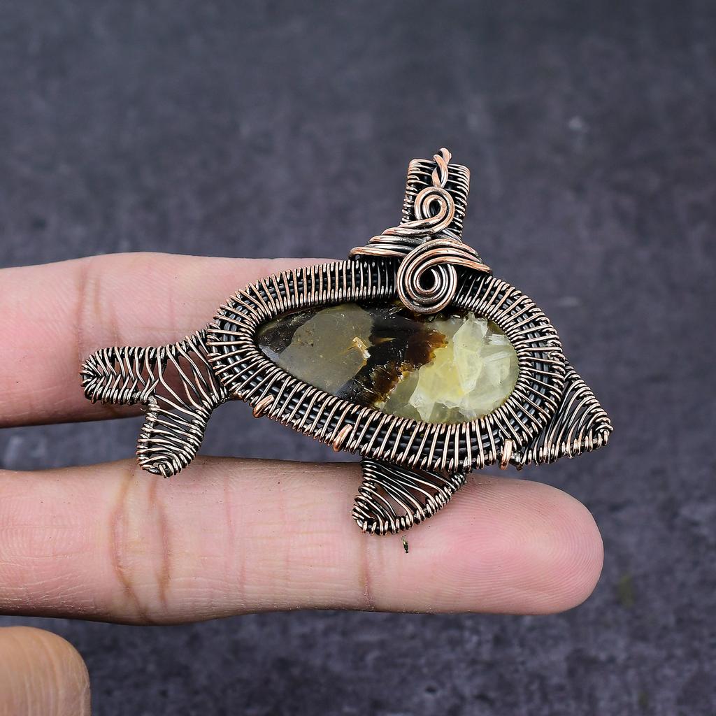Natural Septarian Gemstone Handmade Copper Fish Wire Wrap Pendant 2.01" q9e72