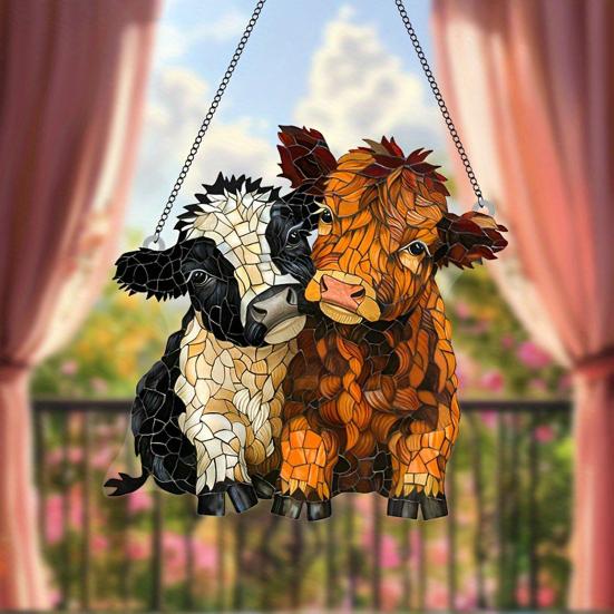 2D Acrylic Highland Cattle Hanging Ornament, Stained Glass Effect Farmhouse Wall Decor with Metal Chain, UV Printed Sun Catcher for Window Light