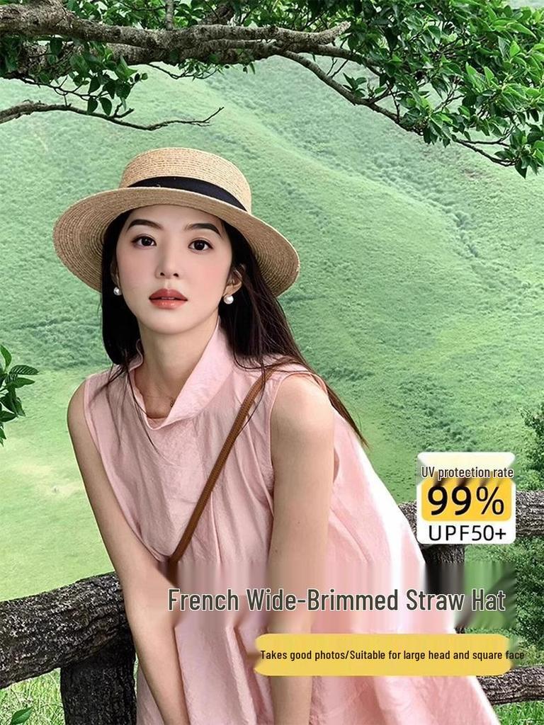 2025 Damen Stroh-Fedora mit breiter Krempe: Flacher, gewebter Strandhut für große Kopfgrößen