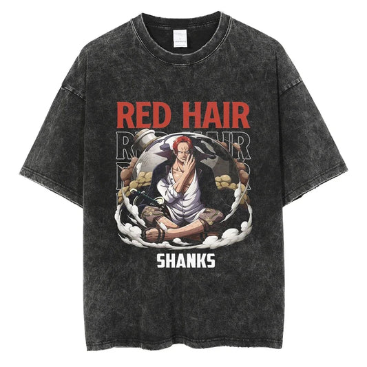 Japanese Anime One Piece Retro Washed Tshirt Men and Women Summer Harajuku YK Clothing Round Neck Short Sleeved Tshirt Unisex