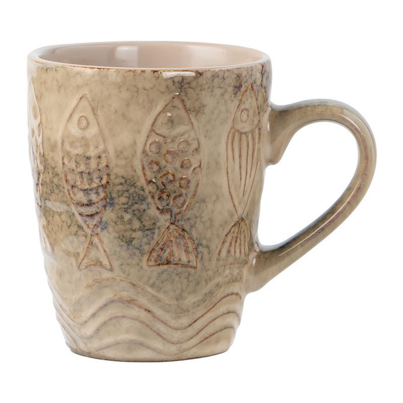 Retro Style Relief Ceramic Mug, Old Couple Cup, Drinking Cup, Household Large-capacity Milk Cup, Coffee Cup