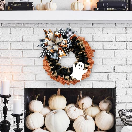 Halloween Ghost Wreath Burlap Wreath with for Front Door Rustic Plaid Bow for Farmhouse