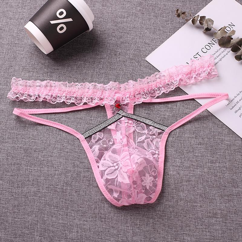 Lace Sheer Sissy Pouch Panties Men Sexy Thong Tanga Hombre Gay Crossdress Lingerie G String Rhinestone Bugle Pouch Underpants