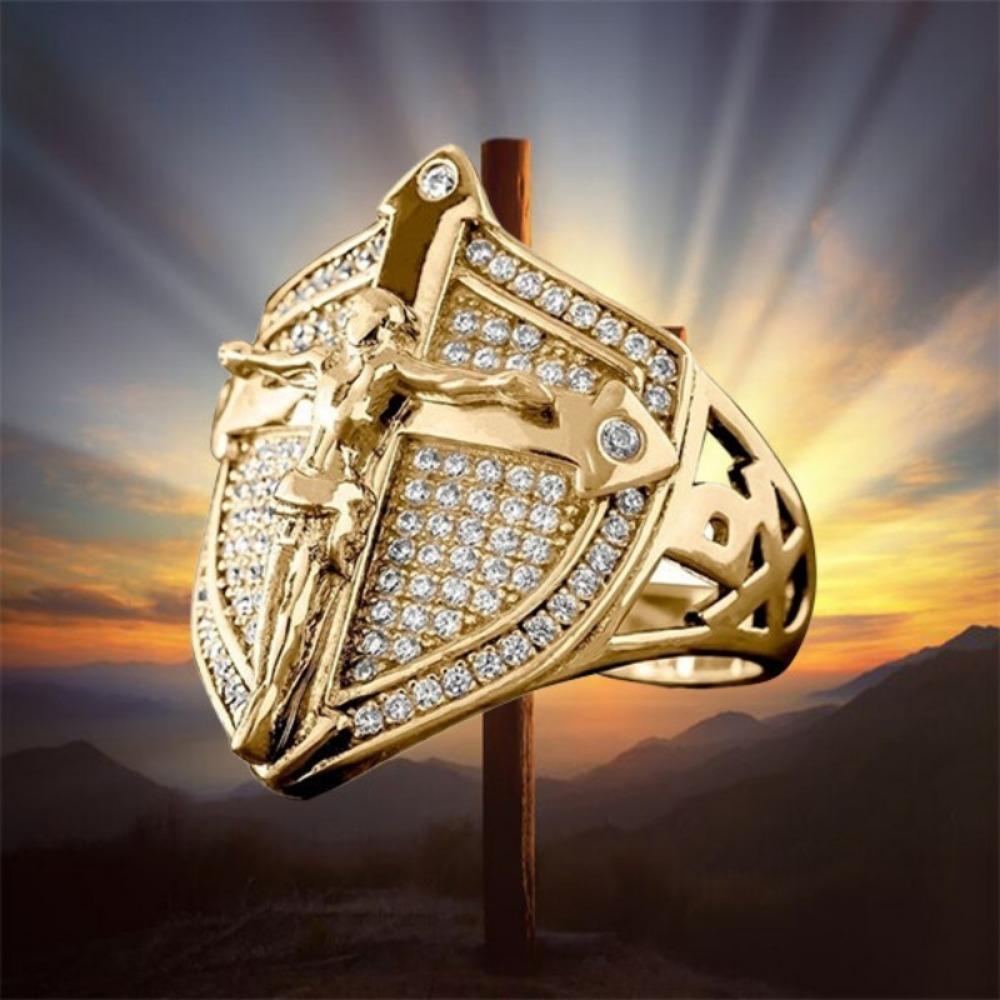 Punk Simple and Elegant Golden Jesus Cross Shield Men's Ring Zirconia Dazzling Motorcycle Party Hip-hop Men's Accessories