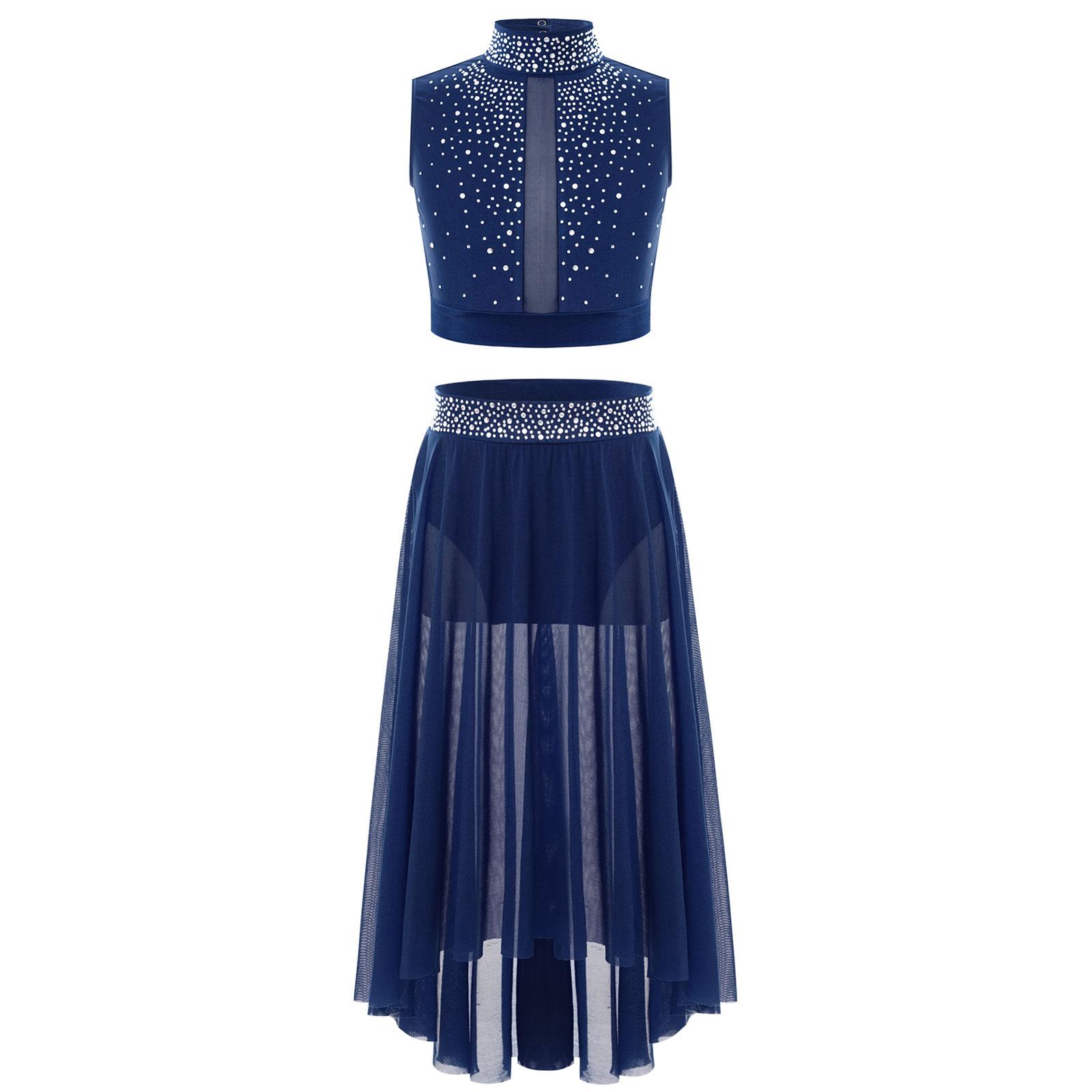 

Дівчачий танцювальний костюм Блискучий кроп-топ З вирізом на спині Спідниця з сітки з нерівним подолом Розріз збоку Набір для виступу 5-6 Years темно-синього кольору