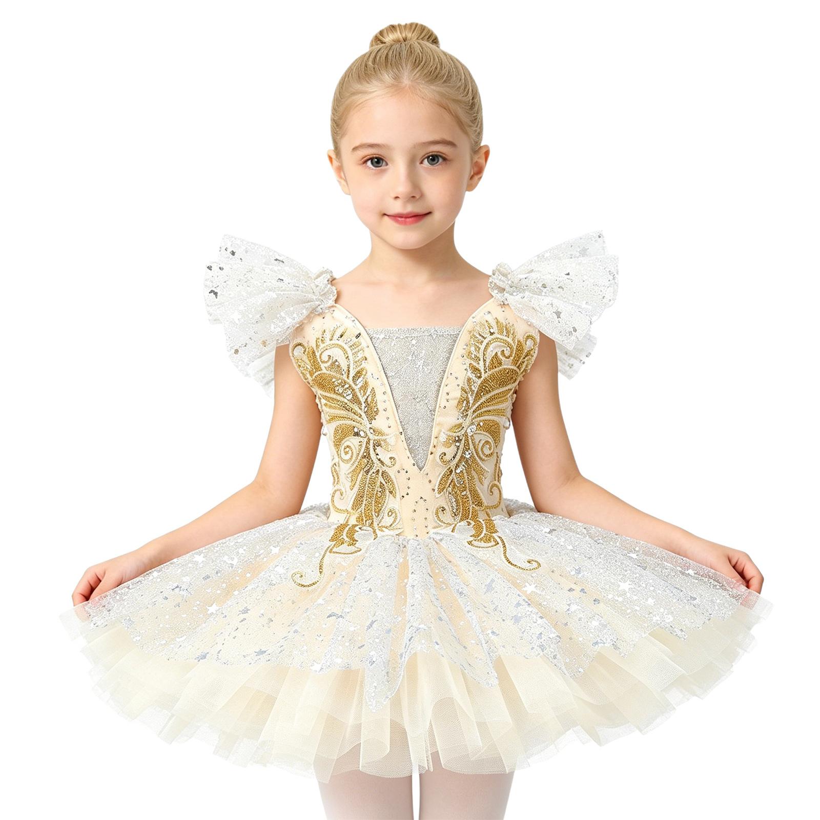 Kids Ballerina Ballet Dress for Girls Stage Performance Ruffled Sleeves Sequin Tulle Tutu Dress Princess Embroidery Costumes 110