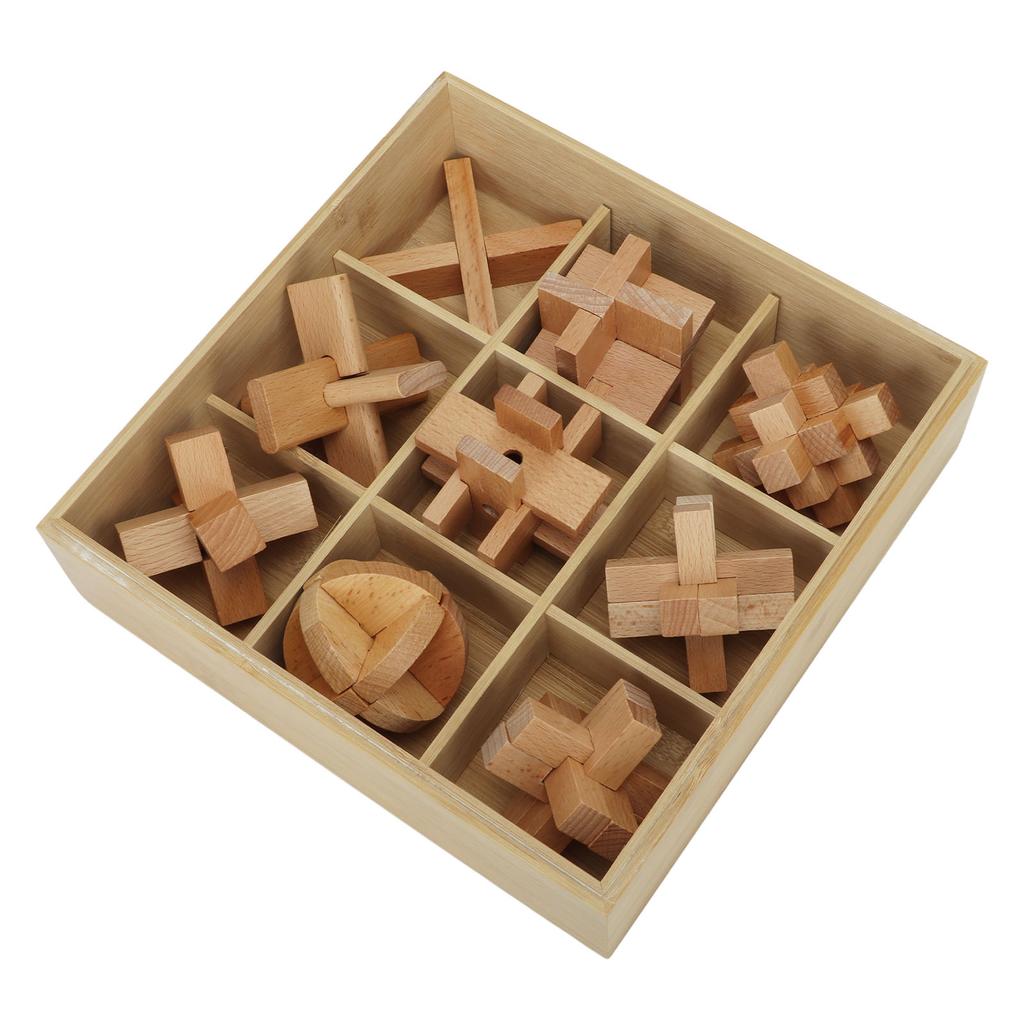 9 Pcs Brain Teaser Puzzle 3D Unlock Interlock Wooden Brain Test Game Educational Intellectual Lock