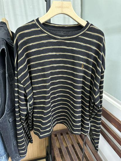 

Осенняя футболка в корейском стиле свободного кроя плюс-сайз с повседневной полоской и круглым вырезом с длинным рукавом от Сяо Ван 52009 One Size жёлтый