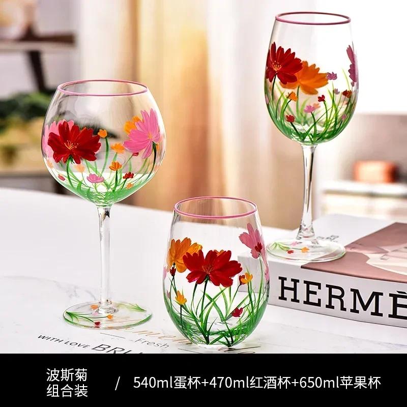 Hand Drawn Flower Patterned Crystal Glass Cup Festival Party Art High Feet Red Wine Cup Family Wine Glass Set Of Three Pieces