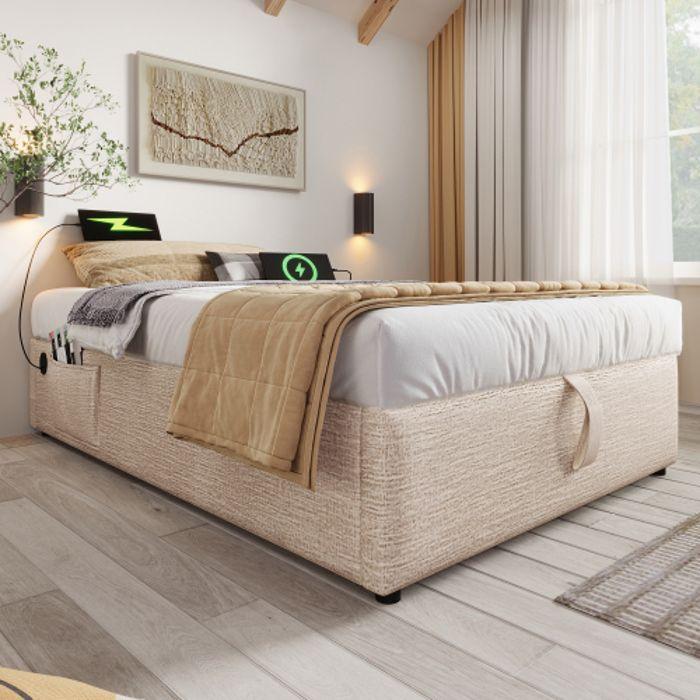 Lit 90x200 Cm - MUVOE - Rembourré - USB-C - Lin - Bois Massif