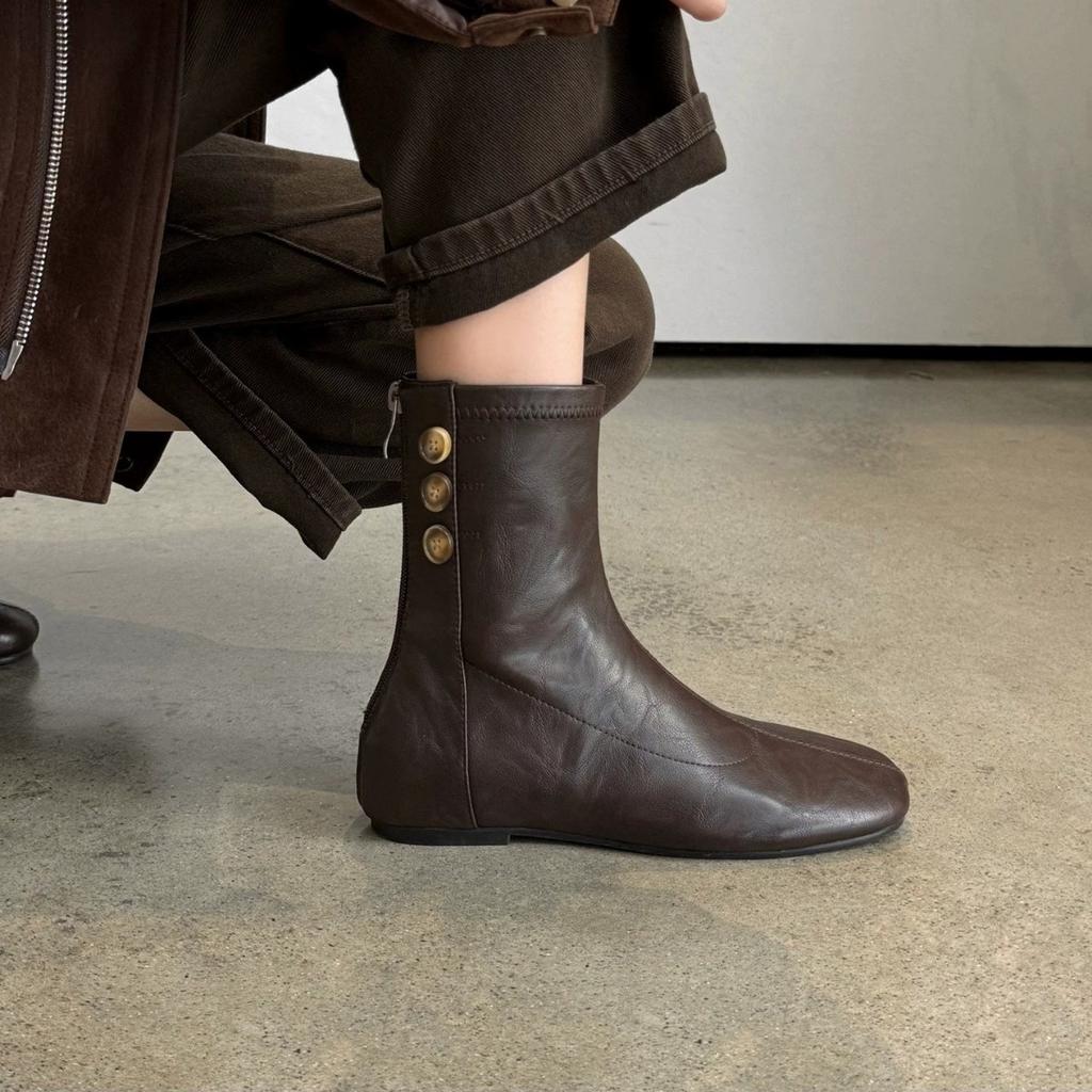 Retro style round head elastic short boots for women's autumn and winter new inner height increase simple thin boots brown versatile small ankle boots
