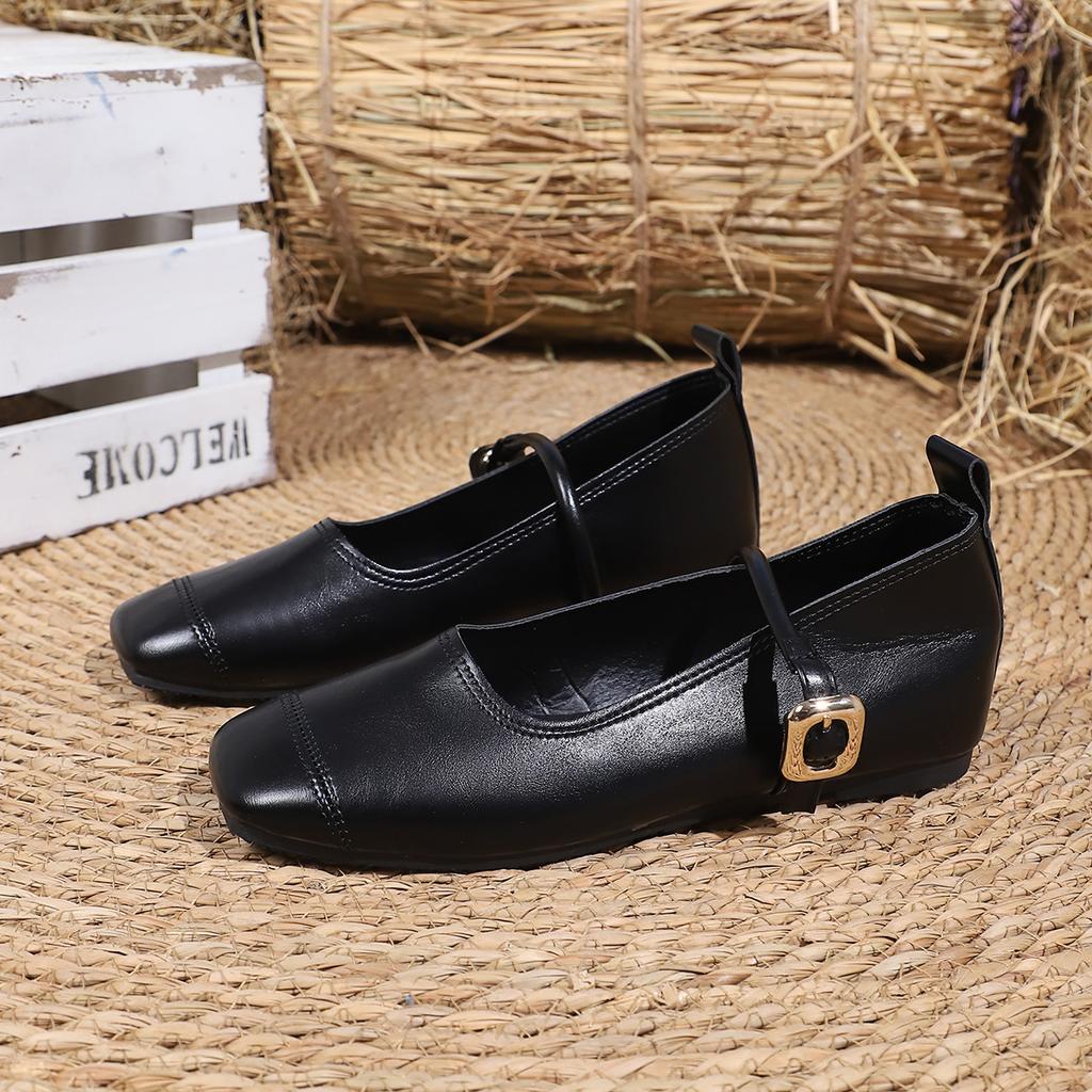 Velcro Soft-soled Mary Jane Shoes Large-size Women's 2025 New Shallow Mouth One-word Buckle with Versatile Flat-soled Single Shoes Women's Shoes