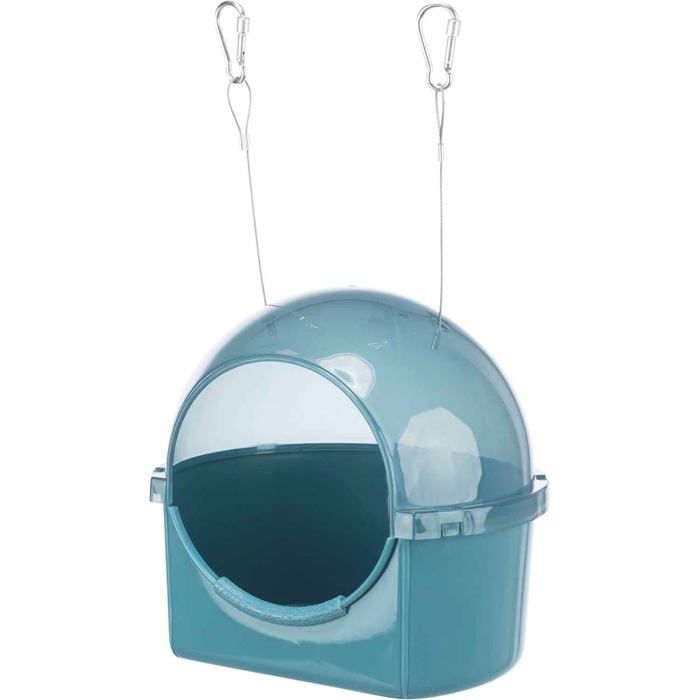 Bain pour oiseaux - 20x20x17,5 cm - Bleu - À suspendre ou à placer - Grande surface au sol - Câbles métalliques solides