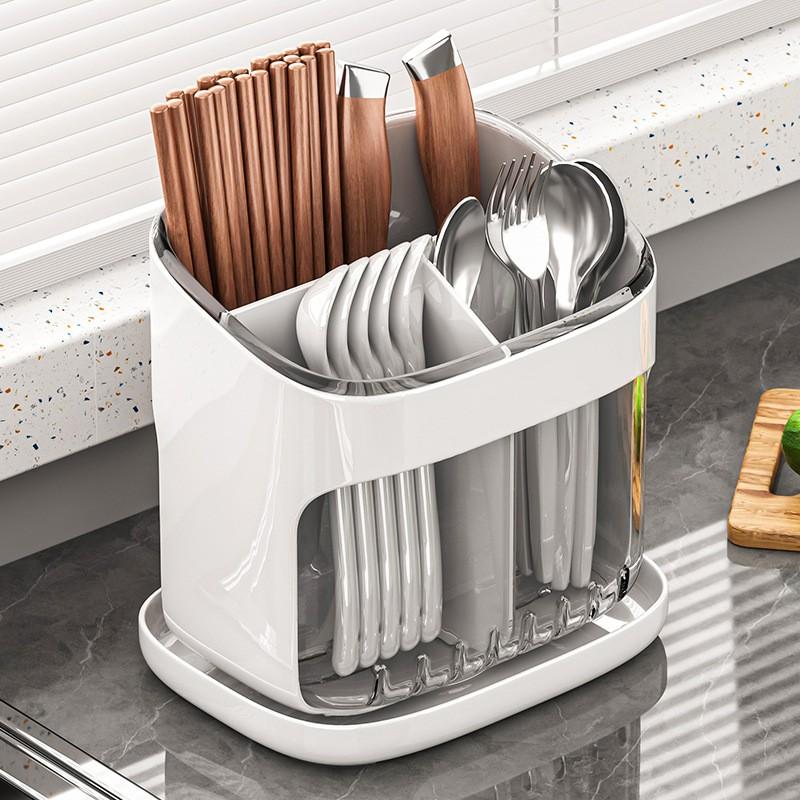 Kitchen Utensil Organizer Rack With Drainage Slots - Plastic Cutlery Holder Countertop Or Wall Mount Modern Minimalist Design