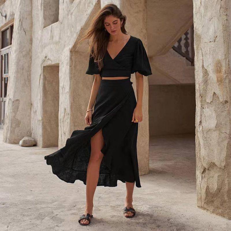 

European and American Summer V-neck Puff sleeve Top High Waist Skirt sets V-Neck Top and Skirt Set Black S