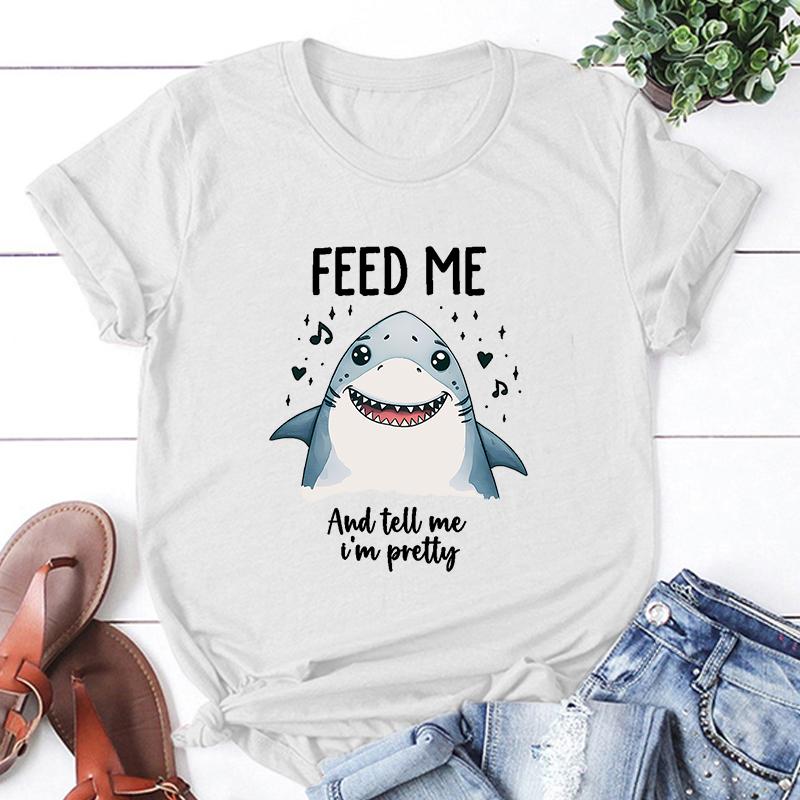 Hot Shark Feed Me And Tell Me I'M Pretty Print Unisex T-Shirt Loose Short Sleeve Harajuku Casual Tops Women T-Shirt
