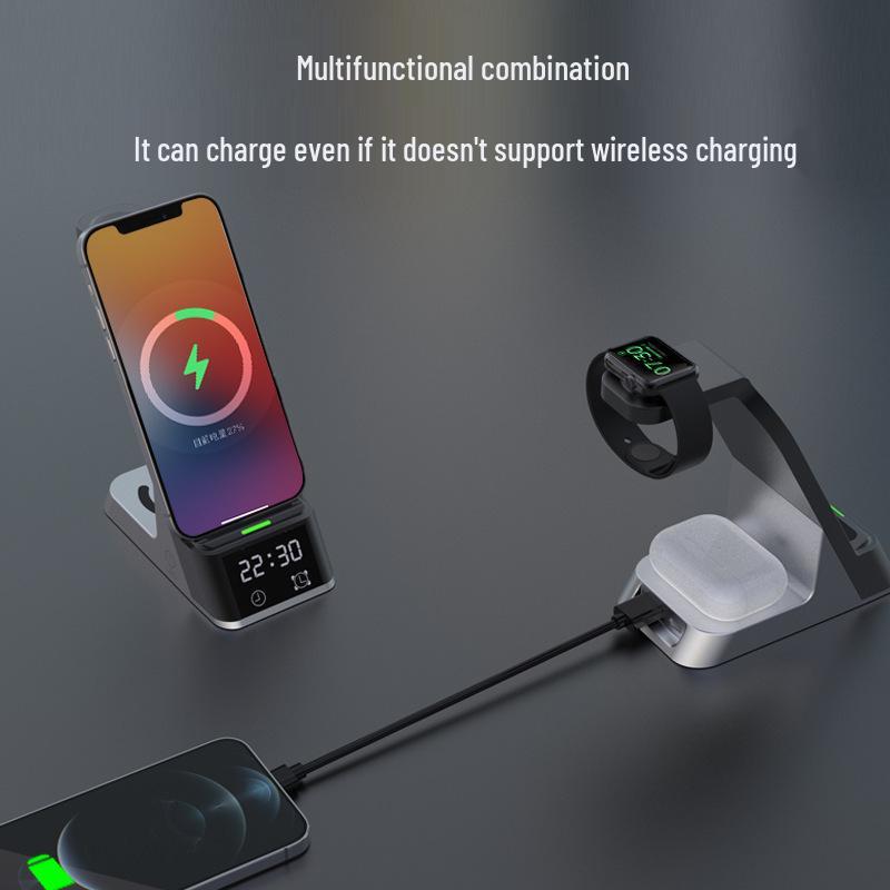 4-in-1 Wireless Charging Station with Clock for Apple Watch, Earphones, and Phone