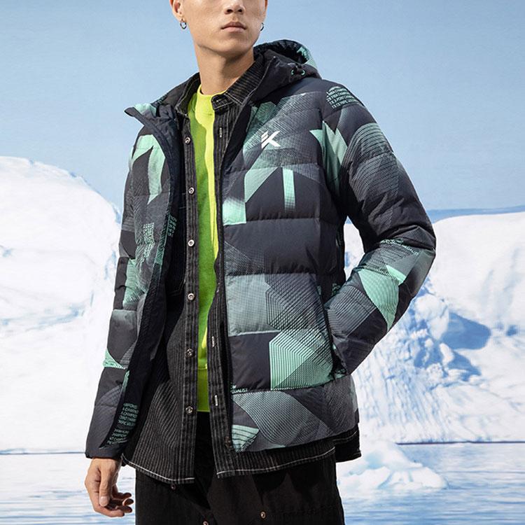 Anta Basketball Series Full Print Colorblock Hooded Down Jacket Men Outerwear Fairy-Tale-Green 152141923-4