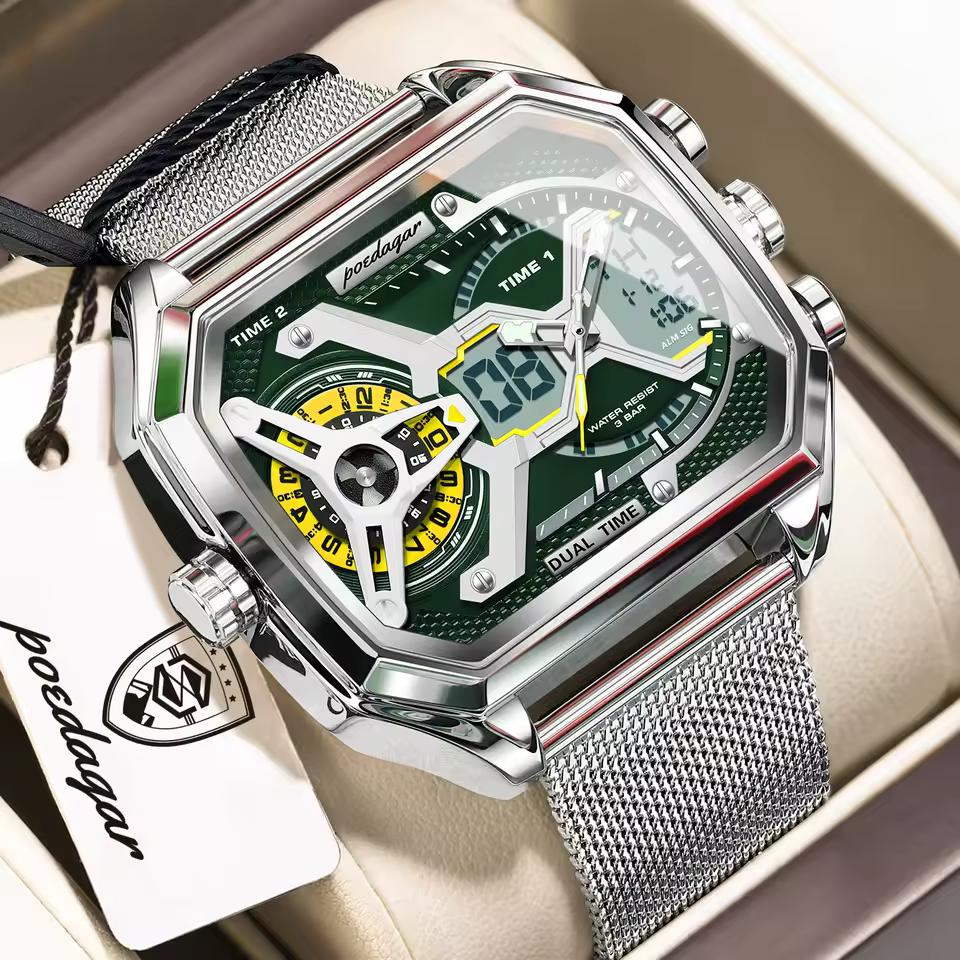 POEDAGAR Mode Elektronische Herrenuhr Wasserdicht Datum Woche LED Herrenuhr Wecker Edelstahl-Netz Sport Quarzuhren grün/silber