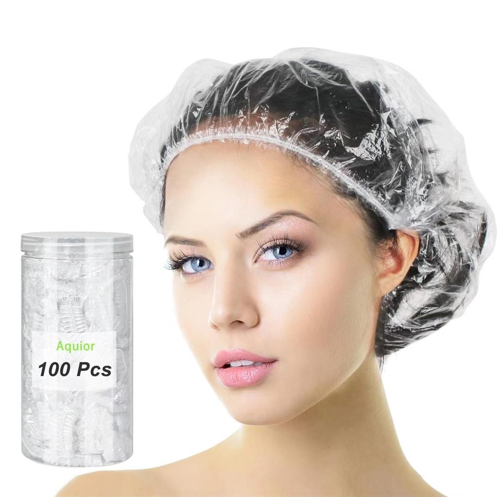 Aquior Shower Cap Disposable, 100 PCS Shower caps Large&Thick Waterproof Clear Plastic Elastic Hair Bath Caps For Women Kids Girls, Hotel and Hair