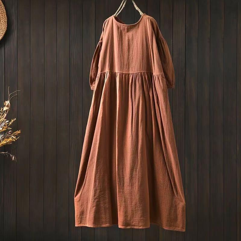 Johnature Women Vintage Dresses O-Neck Half Sleeve Soft Solid Color Summer Casual A-Line Female Dress
