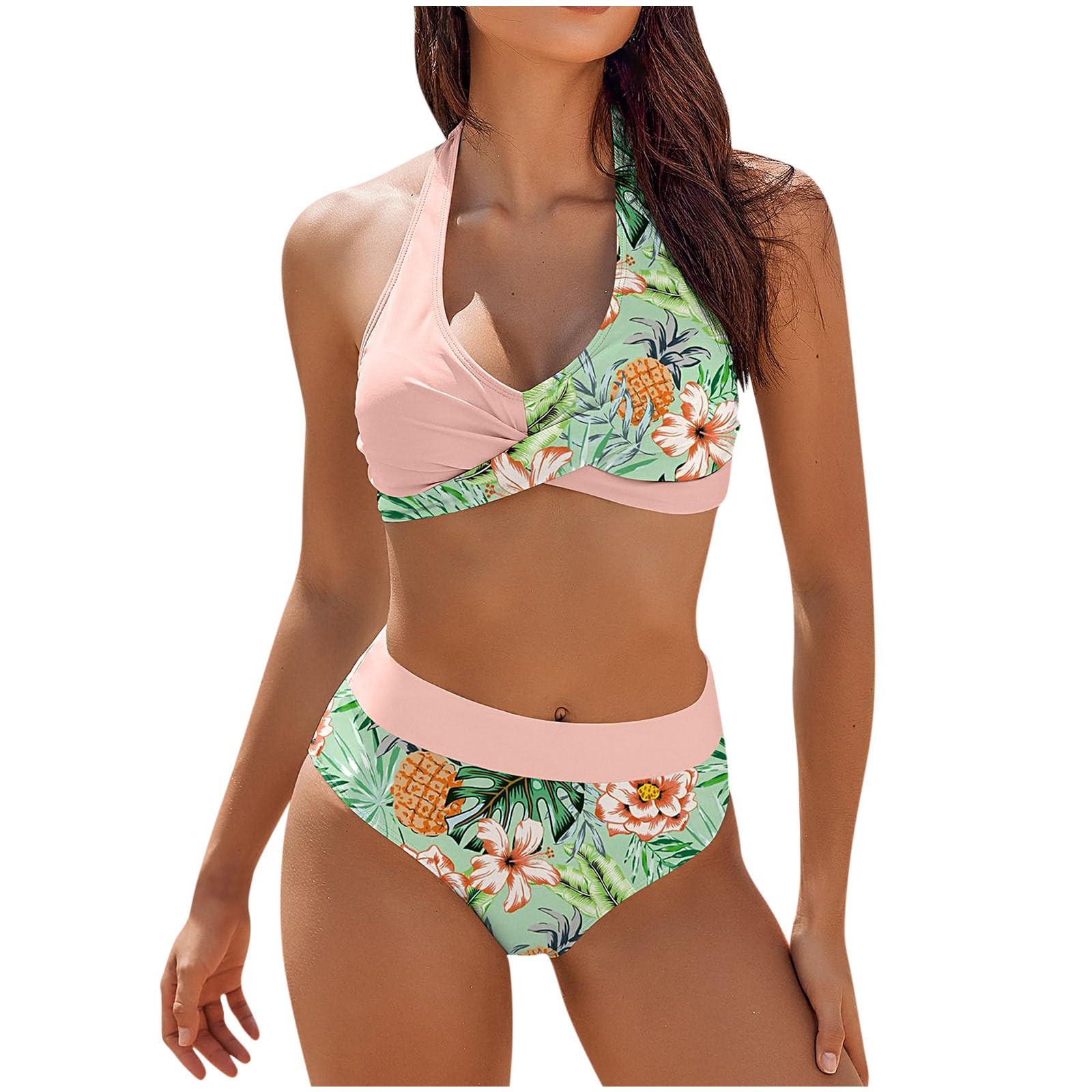 

Women s Fashion High Waist Bikini Set Two Piece Colour Block Floral Printed Bust Cross Bikini Swimsuit M рожевий