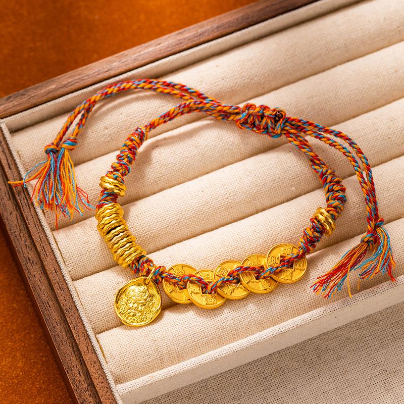 Ancient-style Sand Gold Bracelet God of Wealth Round Brand Red String Bracelet for Men and Women Rich and Powerful Bracelet