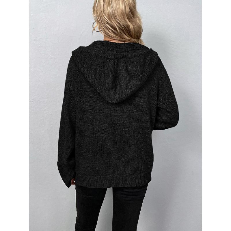 Women S Solid Color Hooded Knit Cardigan Sweater Single Breasted Long Sleeve Autumn Winter