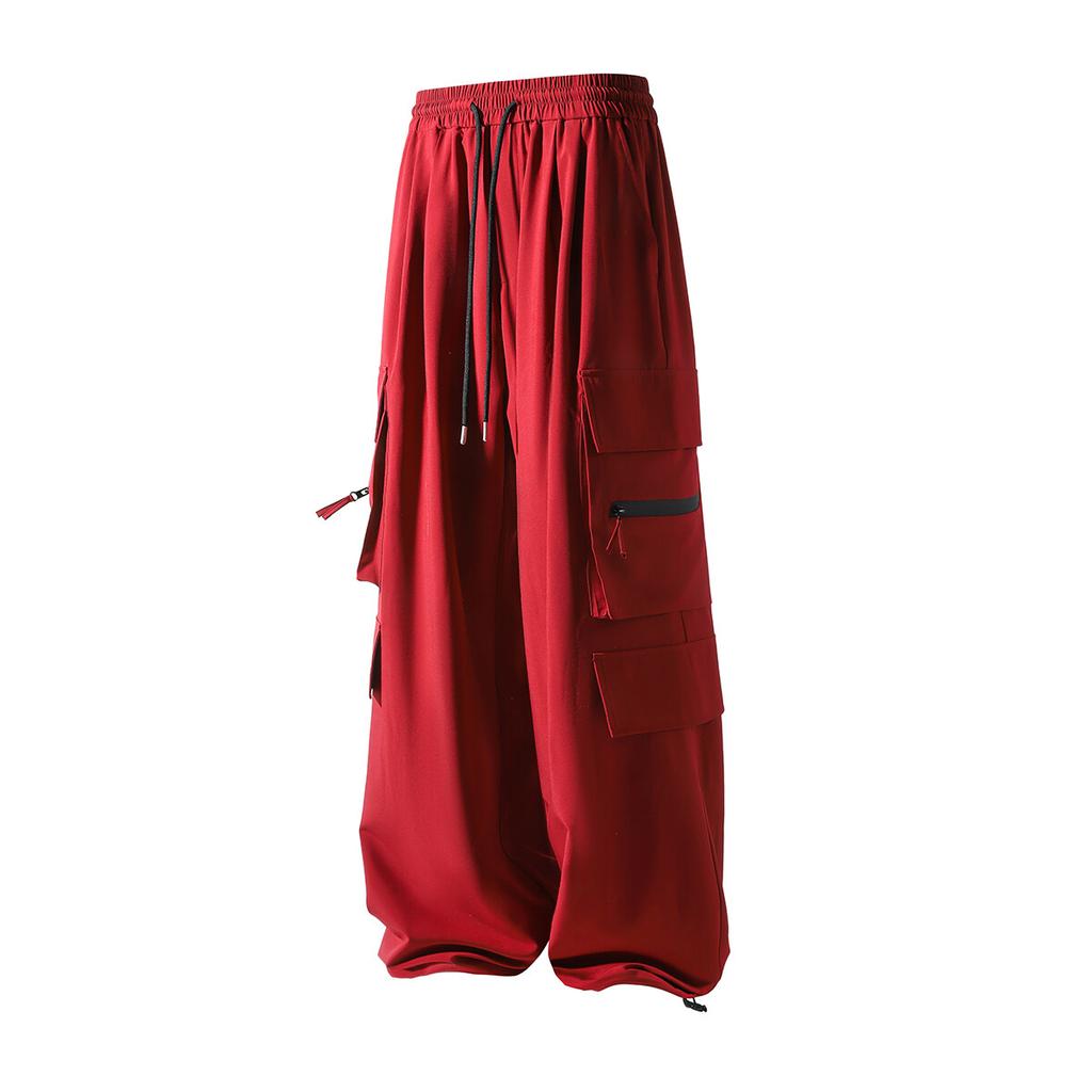 High Quality Ice Silk Waterproof Zipper Multi Pockets Casual Pants Men Solid Straight Elastic Waist Trousers Loose Cargo Pants